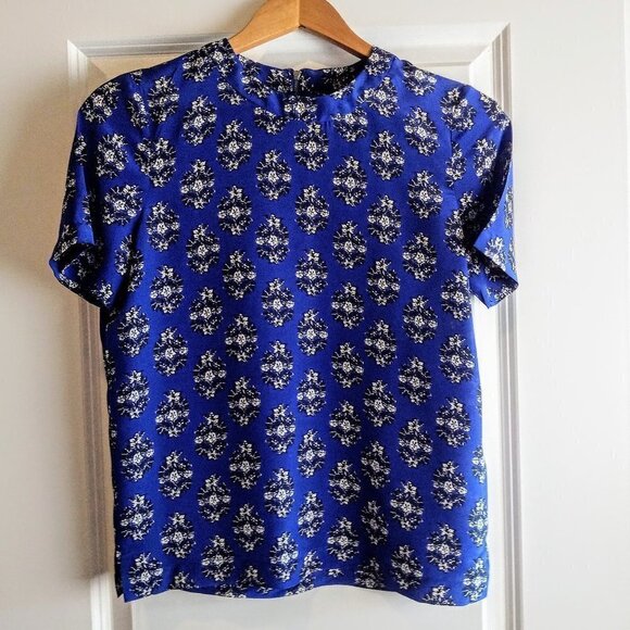 Madewell Blue Print Short Sleeve Silk Top - XS - Picture 1 of 5